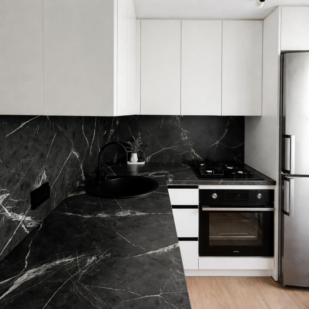 Тёмная кухня с выразительными фасадами